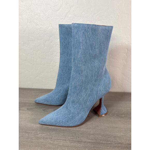 NEW Amina Muaddi Giorgia 100mm Denim Ankle Boots Size 35 Fluted Heel Point Toe - Picture 1 of 8